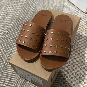 Beek Lovebird Brown Leather Studded Slide Sandals - Size 6